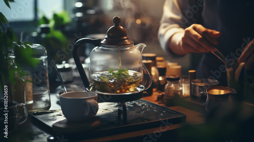 A professional tea maker prepares tea ceremony, filtered tea or tea on draft with hot water and filter paper in the cafe, black vintage tone fresh beverage flavored with thein