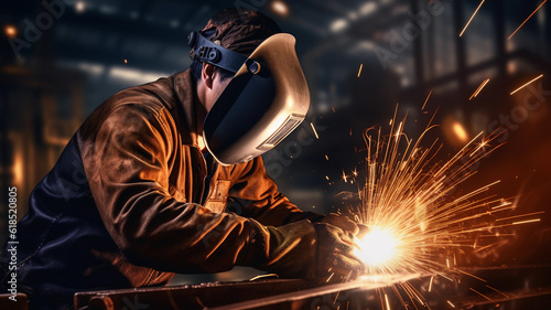 A young man welder in brown uniform, welding mask and welders leathers, weld metal with a arc welding machine at the construction site, blue sparks fly to the sides  © Abzal