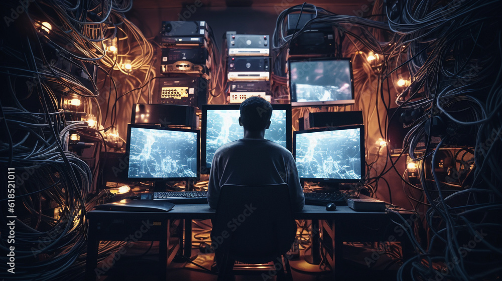 Person connected by cable to a large computer across the room, a bunch of monitors, light bulbs Person connected by cable to a large computer across the room, a bunch of monitors, light bulbs