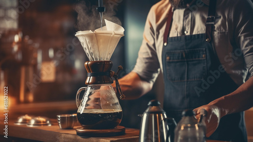 Professional barista making drip brewing, filtered coffee or pour over coffee with hot water and filter paper in coffee shop cafe, black vintage tone of fresh caffeine aroma beverage