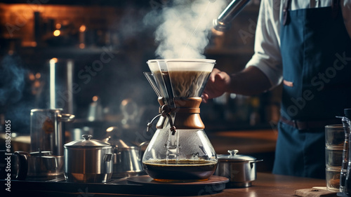 Foto Professional hipster barista making drip brewing, filtered coffee or pour over c