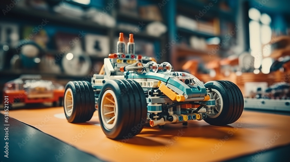 A robot car  and an electronic board that can be programmed. Robotics and electronics. Laboratory. Mathematics, engineering, science, technology, computer code. STEM education. 