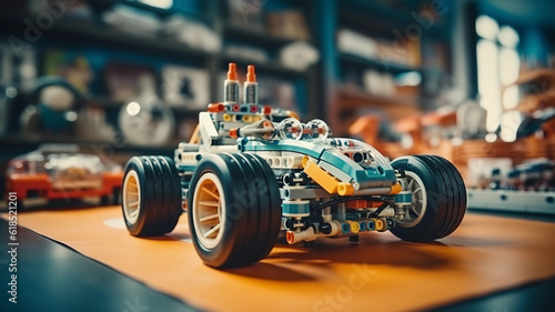 A robot car and an electronic board that can be programmed. Robotics and electronics. Laboratory. Mathematics, engineering, science, technology, computer code. STEM education. 