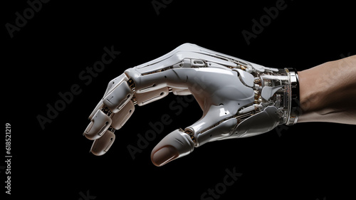 White cyborg finger about to touch human finger