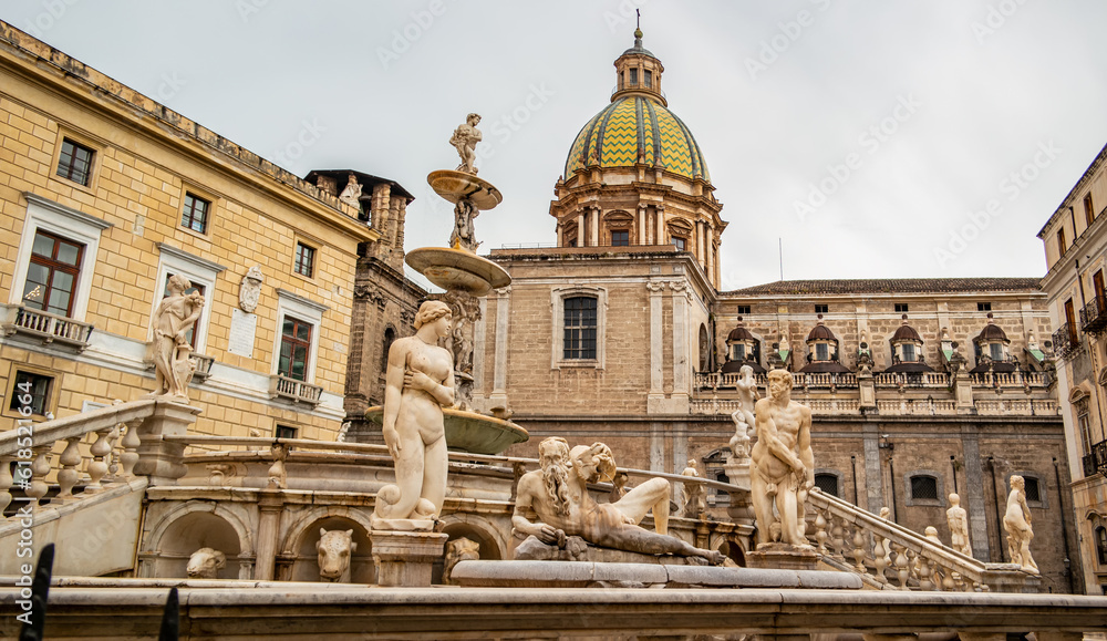 Detail of the Pretoria fountain in Palermo. May 30, 2023, Palermo, Sicily, Italy
