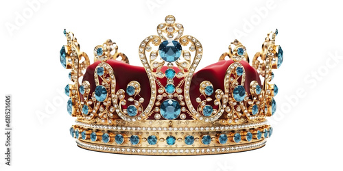 A crown with sapphire and red velvet isolated on transparent background - Generative AI