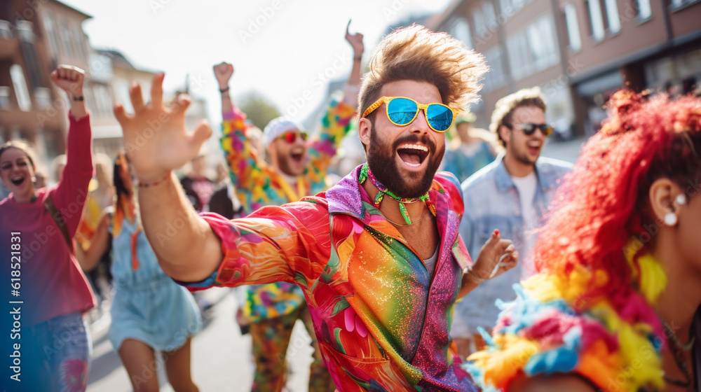 Naklejka premium Friends dancing and celebrating in a festive parade, with colorful costumes and infectious energy Generative AI