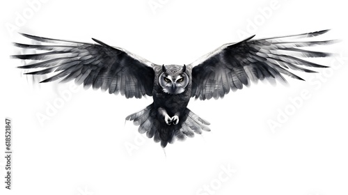 Flying owl with spread wings.