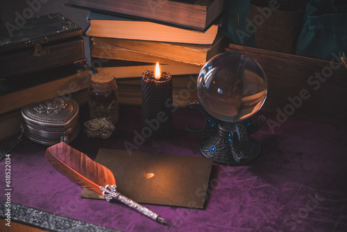 Illustration of witch altar. Concept of destiny and prediction. Magic and energy, wicca and pagan stuff. Alternative healing medicine 
