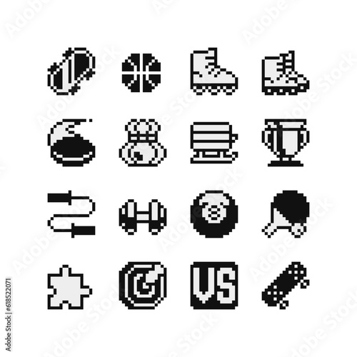 Sport pixel art style icons set, emoji. Achievement logo. 1-bit sprite. Design for logo game, sticker, web, mobile app, badges and patches. Isolated vector illustration. Game assets.