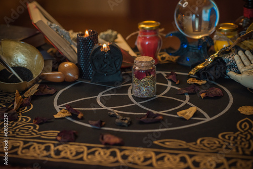 Illustration of witch altar. Concept of destiny and prediction. Magic and energy, wicca and pagan stuff. Alternative healing medicine 