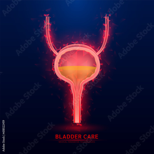 Human bladder red translucent low poly triangles on dark blue background. Futuristic glowing organ anatomy. Innovative technology. Health care medical and science concept. Vector EPS10.