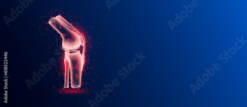 Human bone joint anatomy red translucent low poly triangles on dark blue background. Futuristic glowing organ hologram and copy space for text. Medical and science concept. Banner design vector.