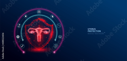 Female uterus medical healthcare. Uterus anatomy organ translucent low poly triangle inside shield futuristic glowing red on blue background. Immunity protection medical innovation concept. Vector.