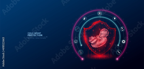 Child infant medical healthcare. Infant anatomy organ translucent low poly triangle inside shield futuristic glowing red on blue background. Immunity protection medical innovation concept. Vector.