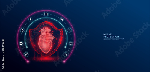 Heart medical healthcare. Human heart anatomy organ translucent low poly triangle inside shield futuristic glowing red on dark blue background. Immunity protection medical innovation concept. Vector.