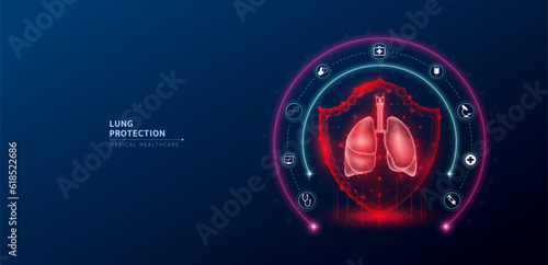 Intestine medical healthcare. Human lung anatomy organ translucent low poly triangle inside shield futuristic red on dark blue background. Immunity protection medical innovation concept. Vector.