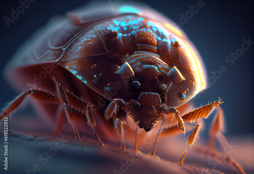 illustration of mite micrography of a microscopic tick on bed background. ai photo