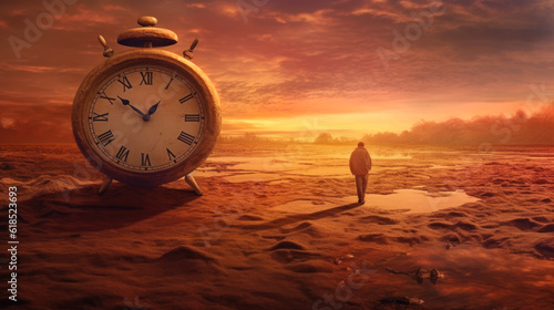 Abstract of lonely person standing on a barren landscape with a large old fashioned alarm clock on the left
