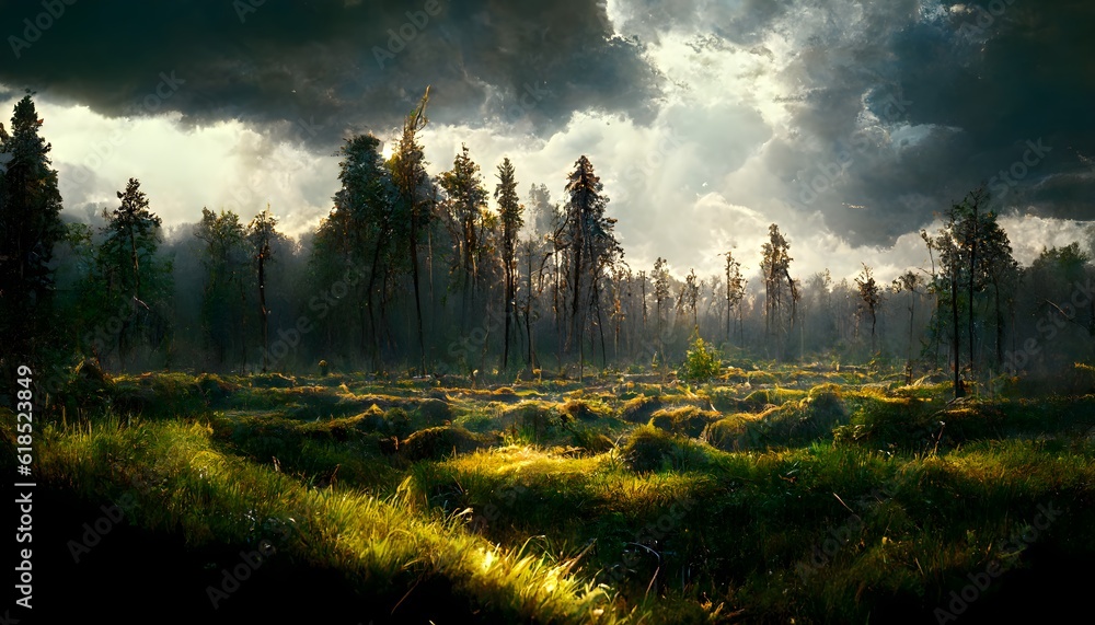 view standing in a dark forest looking out at an open meadow prairie ...