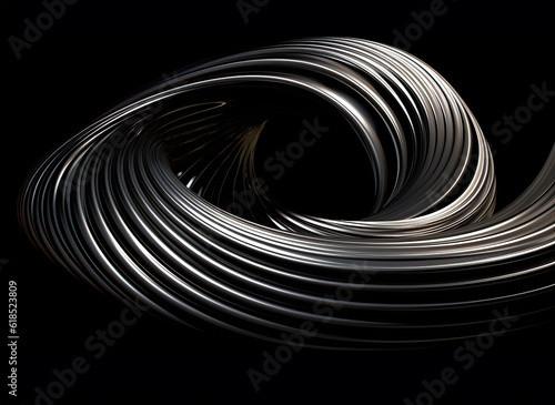 Abstract futuristic metal aluminum spiral twisted object on black background 