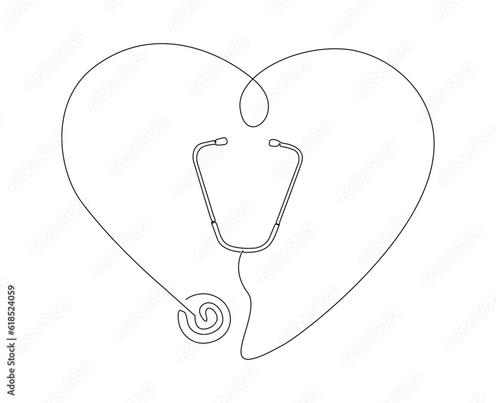 Continuous line art drawing of stethoscope with love shape. Medical