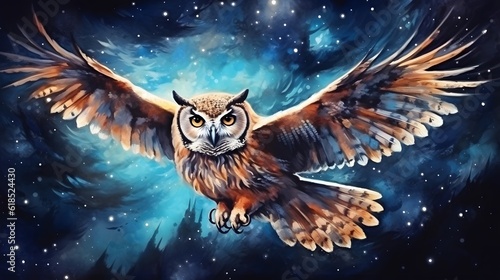 An owl flies through the night with its wings wide open.