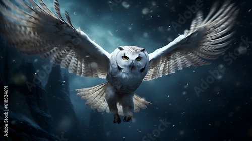 An owl flies through the night with its wings wide open.