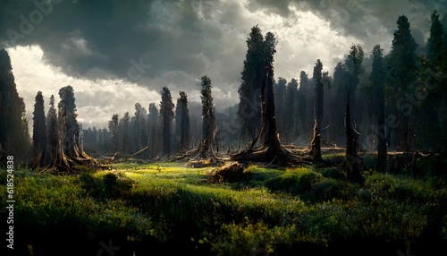 dark forest next to prairie rolling hills meadow twisting tree trunks olive trees peaceful waters dramatic sky sunny insane detail ambient light realistic concept art cinematic octane render ultra 8k 
