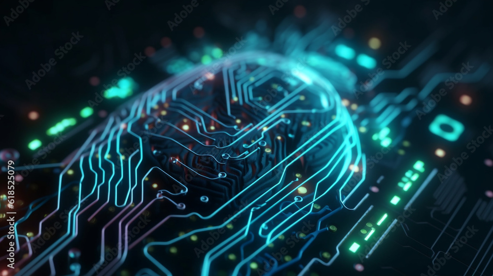 Fototapeta premium Cybersecurity, hardware and neon circuit board for future engineering, electrical and programming big data. Ai generated, technology and closeup of motherboard chip for computer system and processor