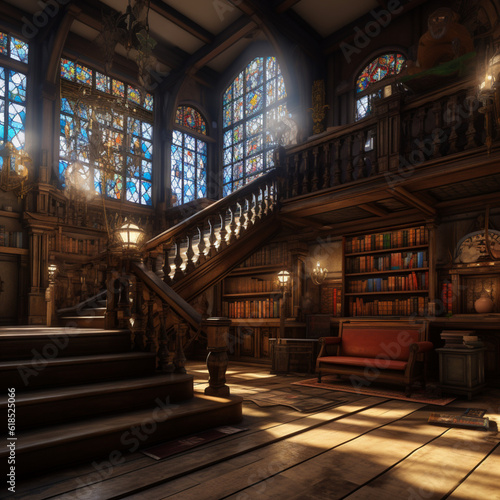 Library, hyper realistic, stained glass painting, staircase, wooden bench, rustic, chandelier, generate IA 