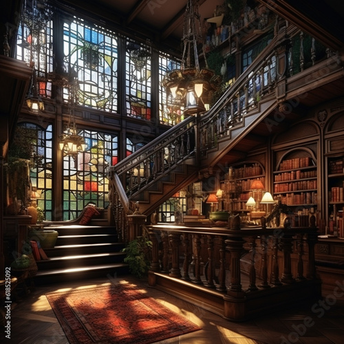 Library, hyper realistic, stained glass painting, staircase, wooden bench, rustic, chandelier, generate IA 