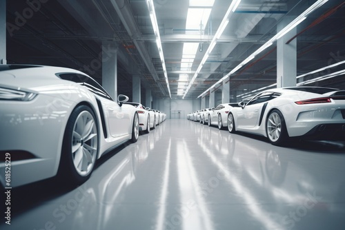 Row of modern white sport cars in a modern car factory, with a clean and bright