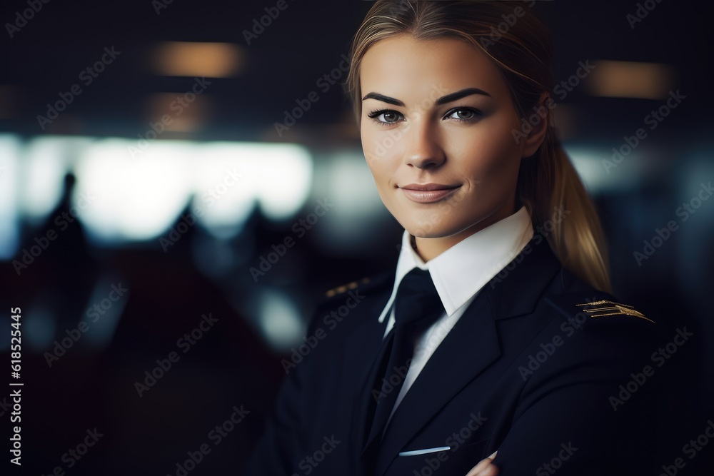 Beautiful female stewardess at work on the airplane, generative AI Beautiful female stewardess at work on the airplane, generative AI