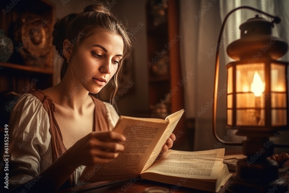 Woman reading novel book at home, cozy, relaxed, generative AI Woman reading novel book at home, cozy, relaxed, generative AI