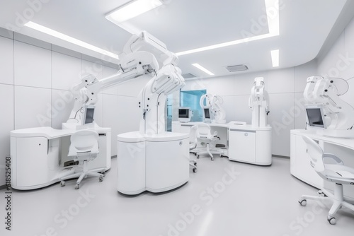 Operating room in a modern clinic with computer equipment, high-tech, sterile, futuristic, medical © Nattawat