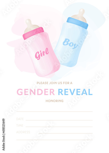 Gender reveal party invitation vector template with pink and blue feeding bottles. Boy or girl, he or she. Watercolor effect