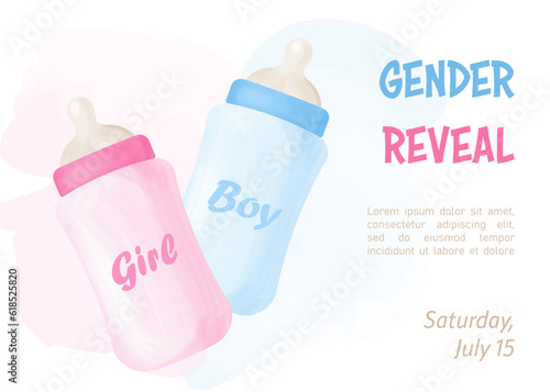 Gender reveal party invitation vector template with pink and blue feeding bottles. Boy or girl, he or she. Watercolor effect