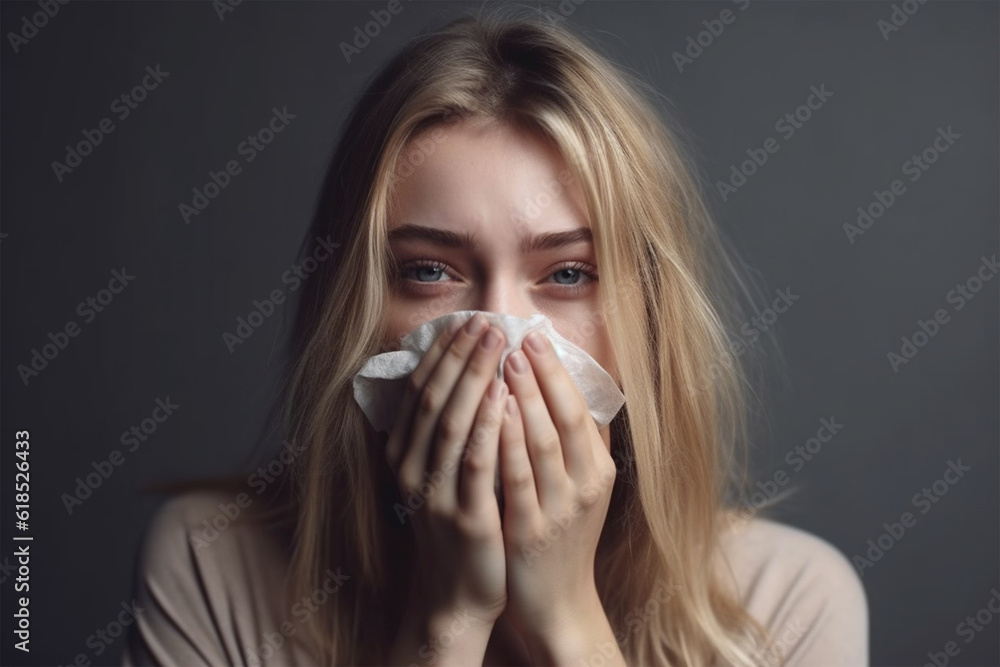 Young blonde sick woman blowing her nose.Front view.Created with generative ai Young blonde sick woman blowing her nose.Front view.Created with generative ai