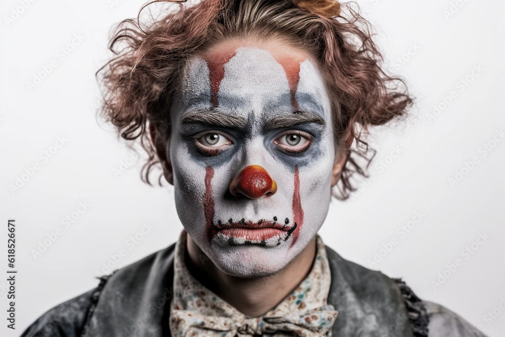 Portrait of a sad clown isolated on white background.Front view.Created with generative ai Portrait of a sad clown isolated on white background.Front view.Created with generative ai