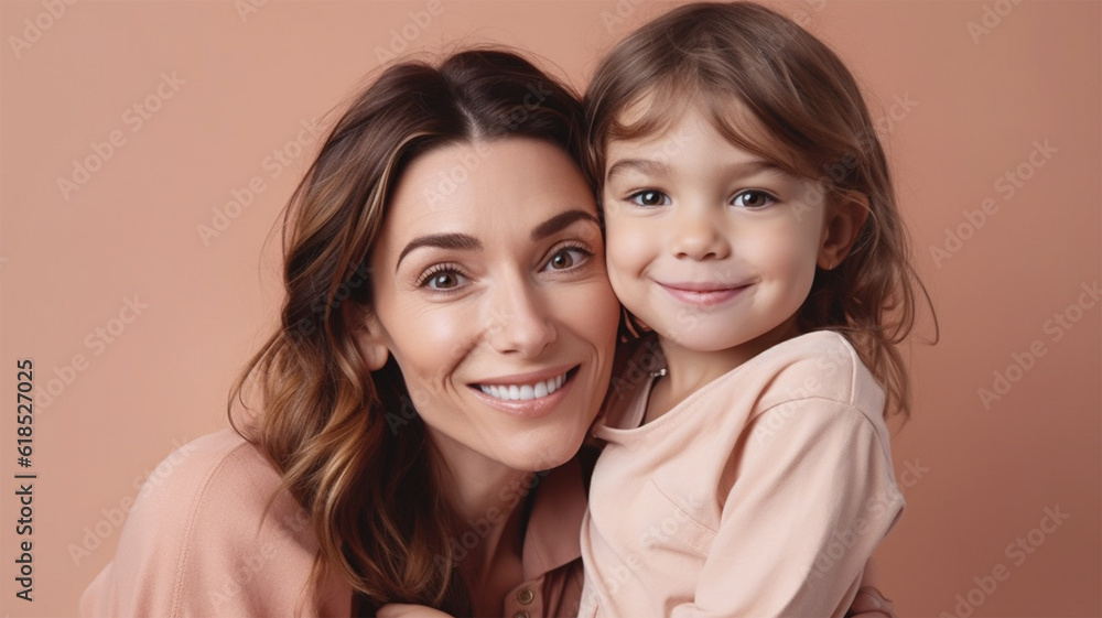 Smiling hispanic mother and kid isolated on background.Front view.Created with generative ai Smiling hispanic mother and kid isolated on background.Front view.Created with generative ai