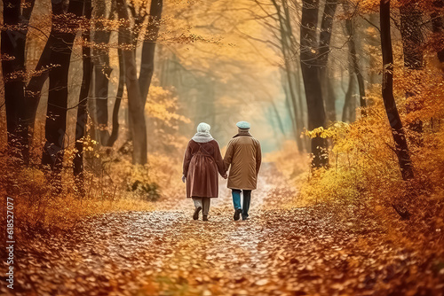 Elderly couple walking in the autumn park and watching the sunset. AI © terra.incognita