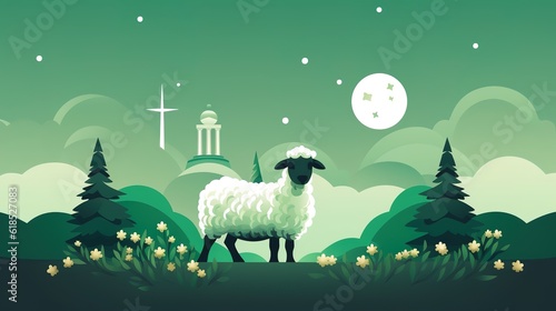 Photo eid al adha islamic decoration background with goat sheep arabic lantern crescent,AI generated. 