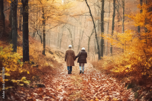 Elderly couple walking in the autumn park and watching the sunset. AI © terra.incognita