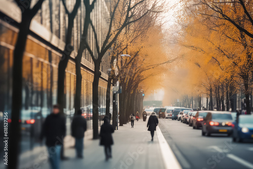 Amazing landscape of the autumn city with people walking on it. AI photo