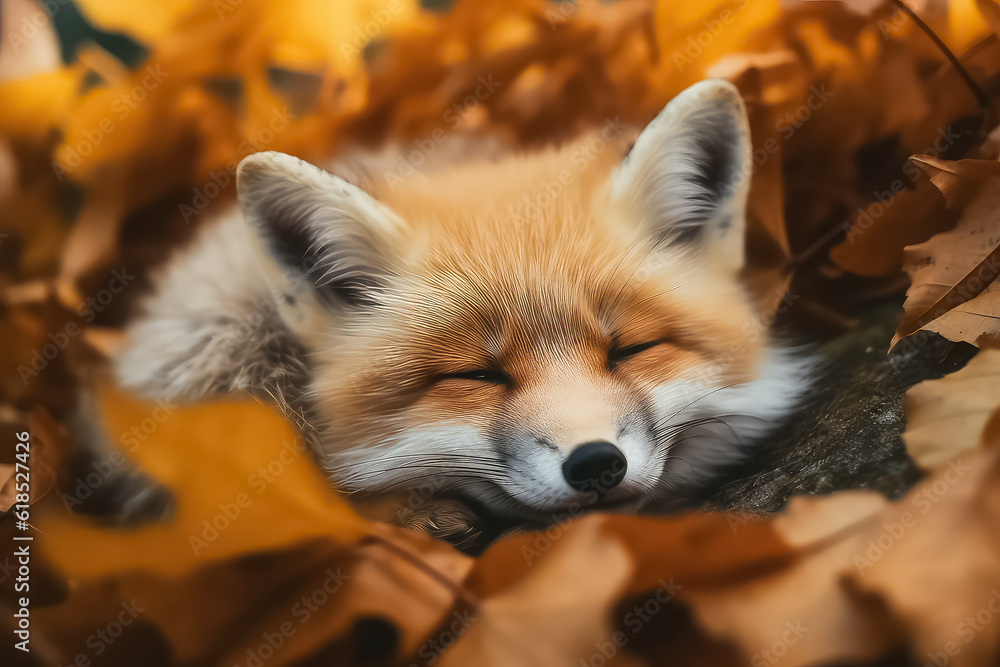 red fox runs through the orange autumn leaves in forest, AI