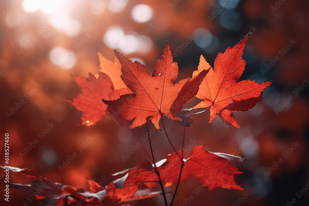 Red maple leaves in autumn with sunshine and sky, AI