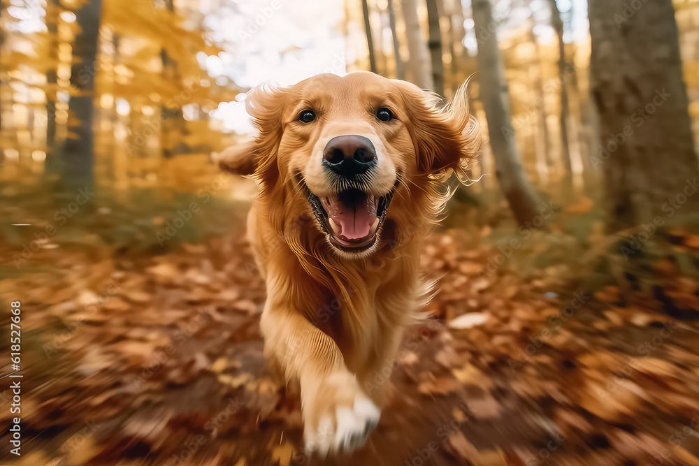 Happy dog running in the autumn forest. AI