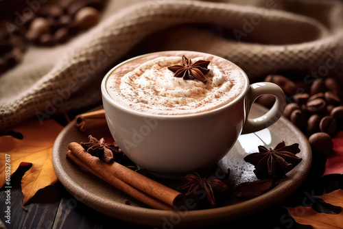 Autumn sweet hot drink with cinnamon and various spices, AI