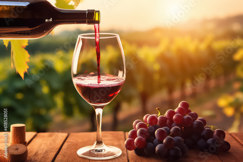 glass of wine with grapes on a sunny background. AI